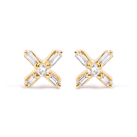 10K Yellow Gold 1/10 Cttw Round and Baguette Diamond Criss Cross X Stud Earring (H-I Color, I1-I2 Clarity)-0
