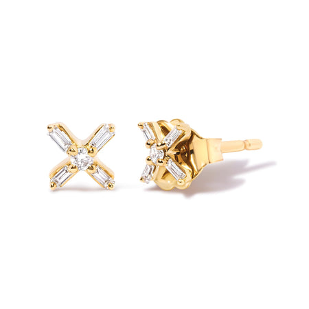 10K Yellow Gold 1/10 Cttw Round and Baguette Diamond Criss Cross X Stud Earring (H-I Color, I1-I2 Clarity)-1