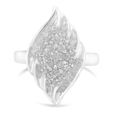 .925 Sterling Silver ¾ Cttw Round and Baguette Cut Diamond Stair-Stepped Cluster Waterfall Cocktail Ring (I-J Color, I2-I3 Clarity)-0