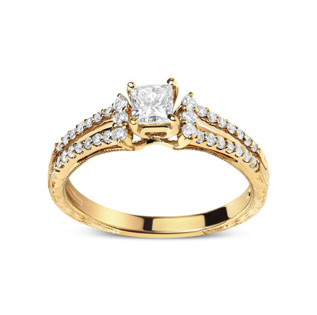 14K Yellow Gold Diamond 5/8 Cttw Princess Diamond Split Shank and Milgrain Engagement Ring (G-H Color, VS2-SI1 Clarity) - Size 7-0