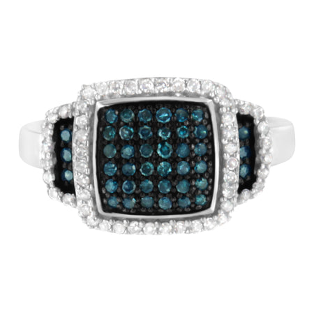 Black Rhodium Plated .925 Sterling Silver 1/2 Cttw White & Blue Diamond Square Halo Cocktail Ring (Fancy Blue & H-I Color, I2-I3 Clarity)