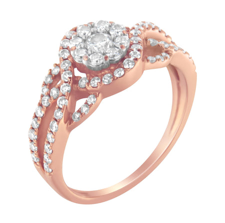 10K Rose Gold 3/4 Cttw Diamond Floral Cluster Head and Twisted Shank Cocktail  Ring (H-I Color, SI1-SI2 Clarity)--0