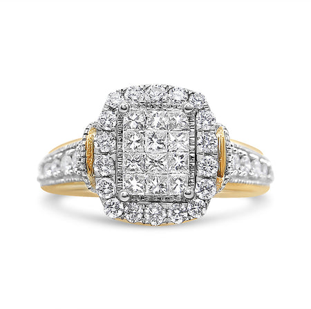 14K Yellow and White Gold 1.00 Cttw Princess and Round Cut Emerald Shaped Halo Diamond Cluster Ring (SI1-SI2 Clarity, H-I Color)