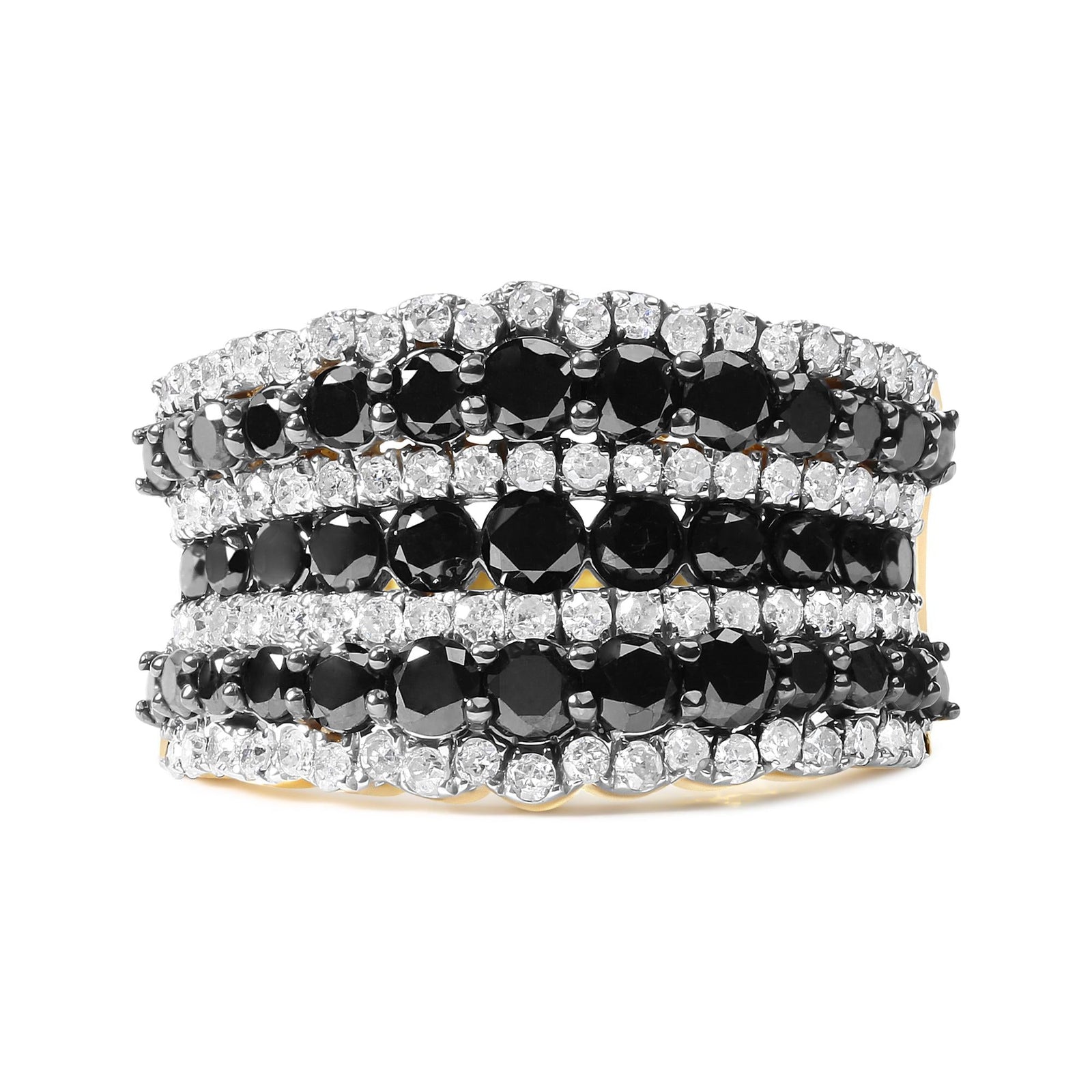 14K Yellow Gold Plated .925 Sterling Silver 1 3/4 Cttw Treated Black and White Alternating Diamond Multi Row Band Ring (Black / I-J Color, I2-I3 Clarity)-0