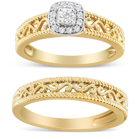 14K Yellow Gold Plated .925 Sterling Silver 1/5 Cttw Diamond Halo and Milgrain Finish Engagement Ring Bridal Set (I-J Color I3 Clarity)