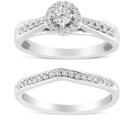 .925 Sterling Silver 1/3 Cttw Diamond Halo and Pave Shank Engagement Ring Set (I-J Color, I3 Clarity)-0
