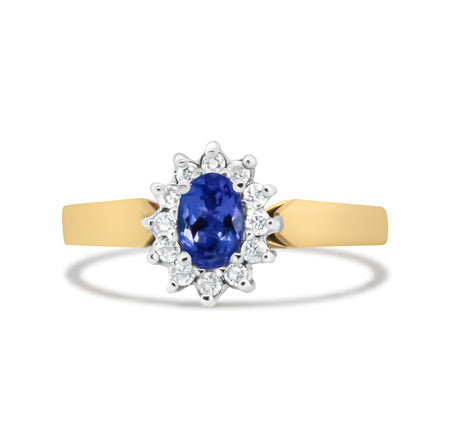 14K Yellow Gold 1/5 Cttw Round Diamond and 6x4mm Oval Blue Tanzanite Halo Ring (H-I Color, I1-I2 Clarity)-0