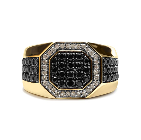 Men's 10K Yellow Gold 1 1/4 Cttw White and Treated Black Diamond Octagonal Halo Band Ring (I-J Color, I2-I3 Clarity)