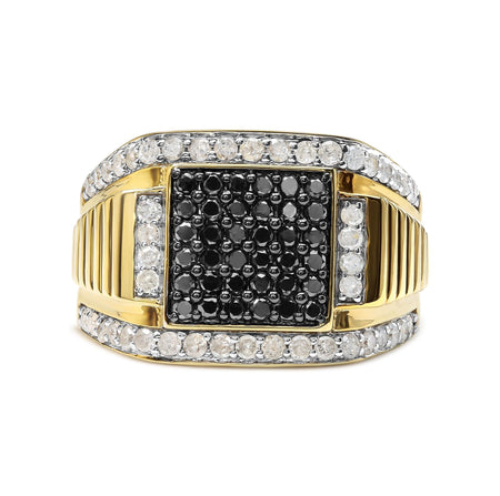 Men's 14K Yellow Gold Plated .925 Sterling Silver 1 1/2 Cttw White and Black Treated Diamond Cluster Ring (Black / I-J Color, I2-I3 Clarity)
