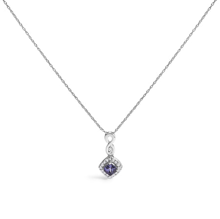 10K White Gold Blue Purple Tanzanite and Diamond Accent Cushion Drop Pendant Necklace - 18" Inches-0