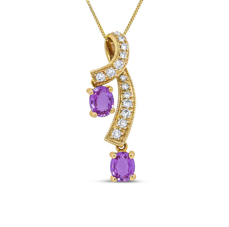14K Yellow Gold 6x4mm Oval Pink Sapphire and 1/5 Cttw Round Diamond Pendant Necklace - (H-I Color, SI1-SI2 Clarity)-0