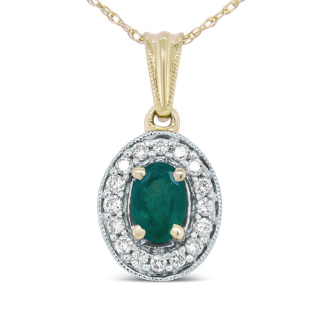 14K Yellow Gold 6x4mm Emerald and 1/5 Cttw Round Diamond Halo Pendant 18" Necklace - (H-I Color, SI1-SI2 Clarity)-0