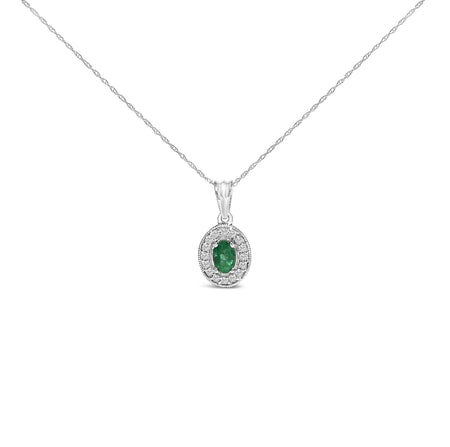 14K White Gold Oval 6x4 MM Green Emerald and Diamond Halo Pendant Necklace - 18 inch-0