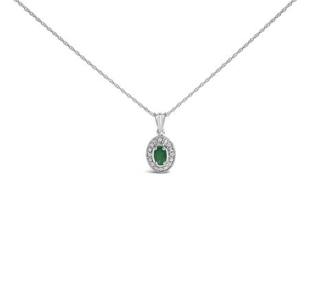 14K White Gold Oval Green Emerald and Diamond Halo Pendant Necklace - 18" Inches