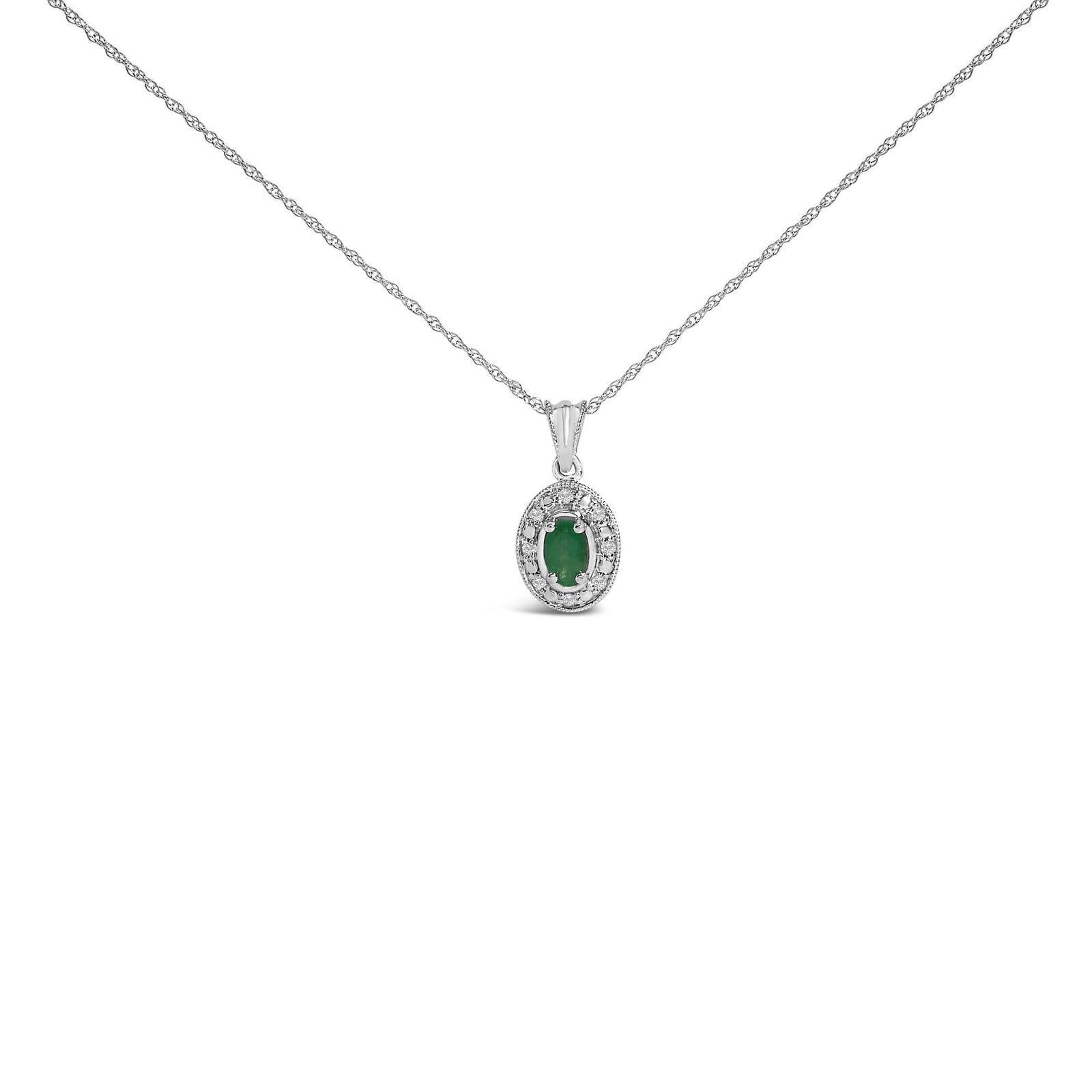 14K White Gold Oval Green Emerald and Diamond Halo Pendant Necklace - 18" Inches