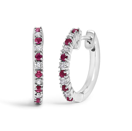 10K Gold Alternating Diamond and Red Ruby Huggy Hoop Earrings