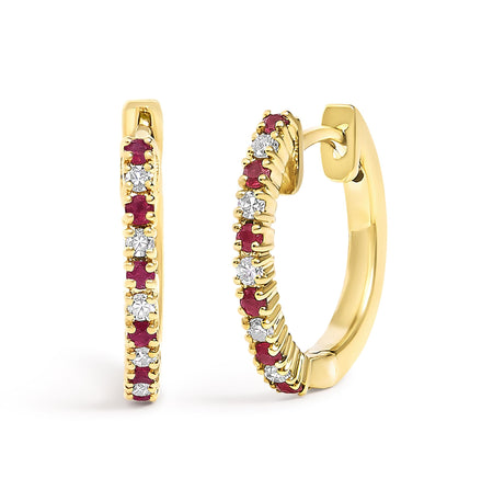 10K Gold Alternating Diamond and Red Ruby Huggy Hoop Earrings