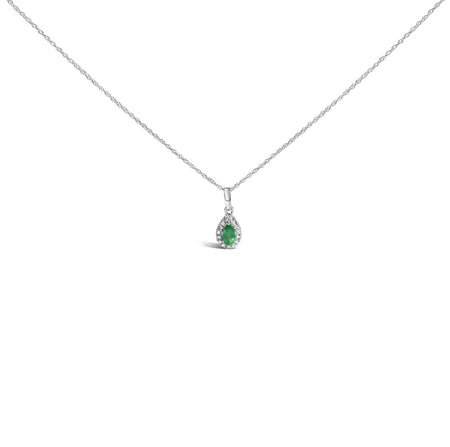 10K White Gold 5x3mm Gemstone and Diamond Accent Halo Pear Shape 18" Pendant Necklace (I-J Color, I1-I2 Clarity)