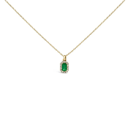 10K Yellow Gold 5x3mm Green Emerald and Diamond Accent Halo Octagonal Shape 18" Pendant Necklace (I-J Color, I1-I2 Clarity)-0