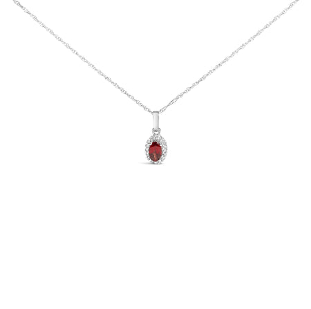 10K White Gold 5x3mm Gemstone and Diamond Accent Halo Oval Shape 18" Pendant Necklace (I-J Color, I1-I2 Clarity)-1