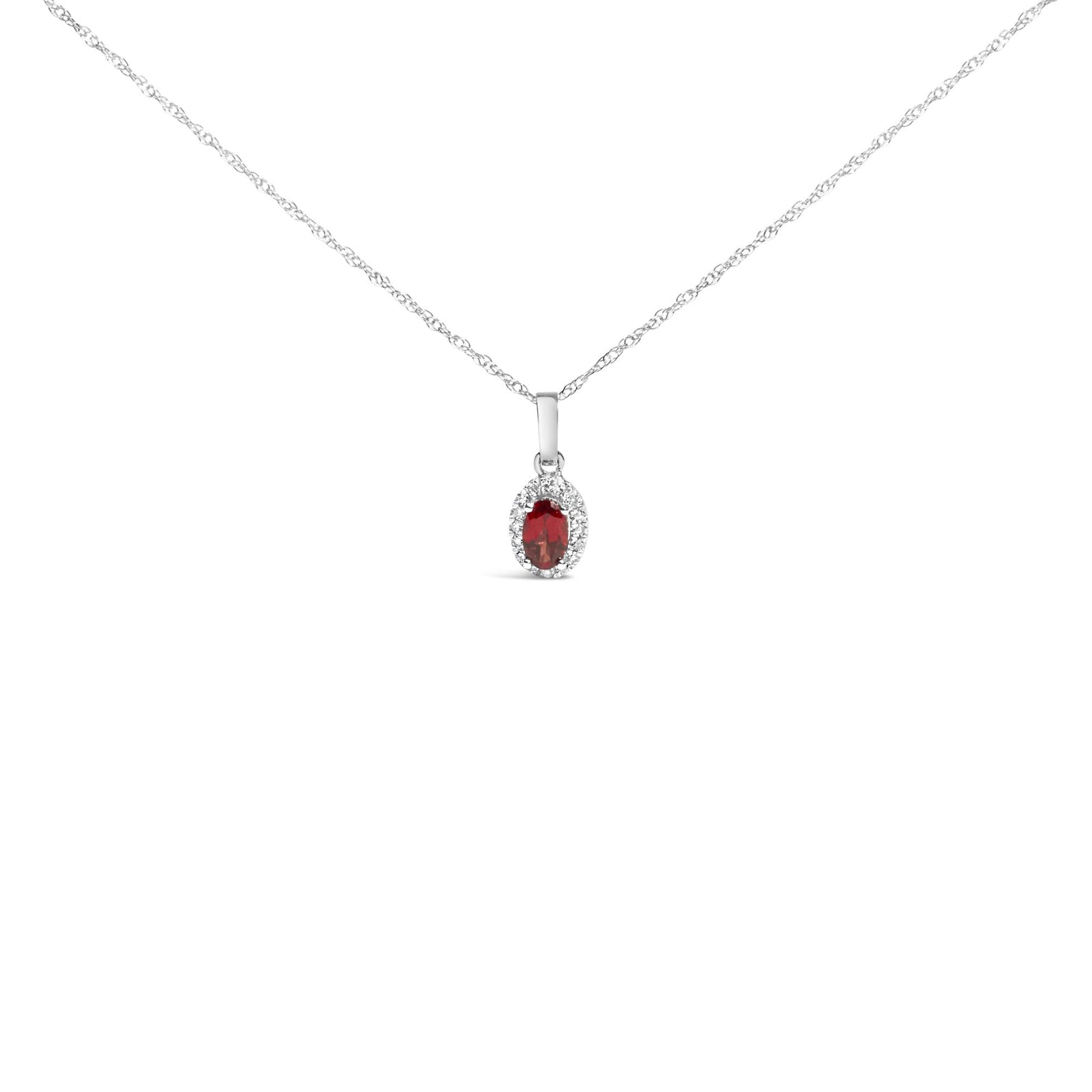 10K White Gold 5x3mm Gemstone and Diamond Accent Halo Oval Shape 18" Pendant Necklace (I-J Color, I1-I2 Clarity)-1