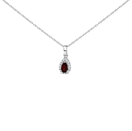 10K White Gold 5x3mm Gemstone and Diamond Accent Halo Pear Shape 18" Pendant Necklace (I-J Color, I1-I2 Clarity)