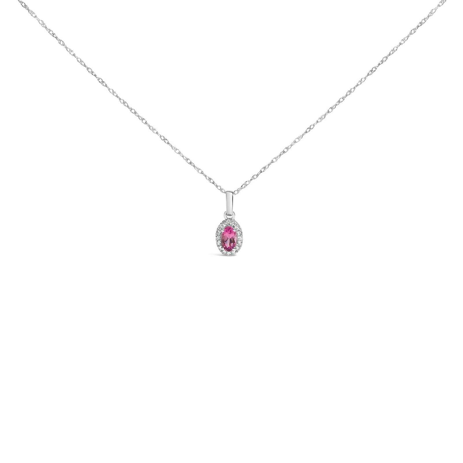 10K White Gold 5x3mm Gemstone and Diamond Accent Halo Oval Shape 18" Pendant Necklace (I-J Color, I1-I2 Clarity)-3