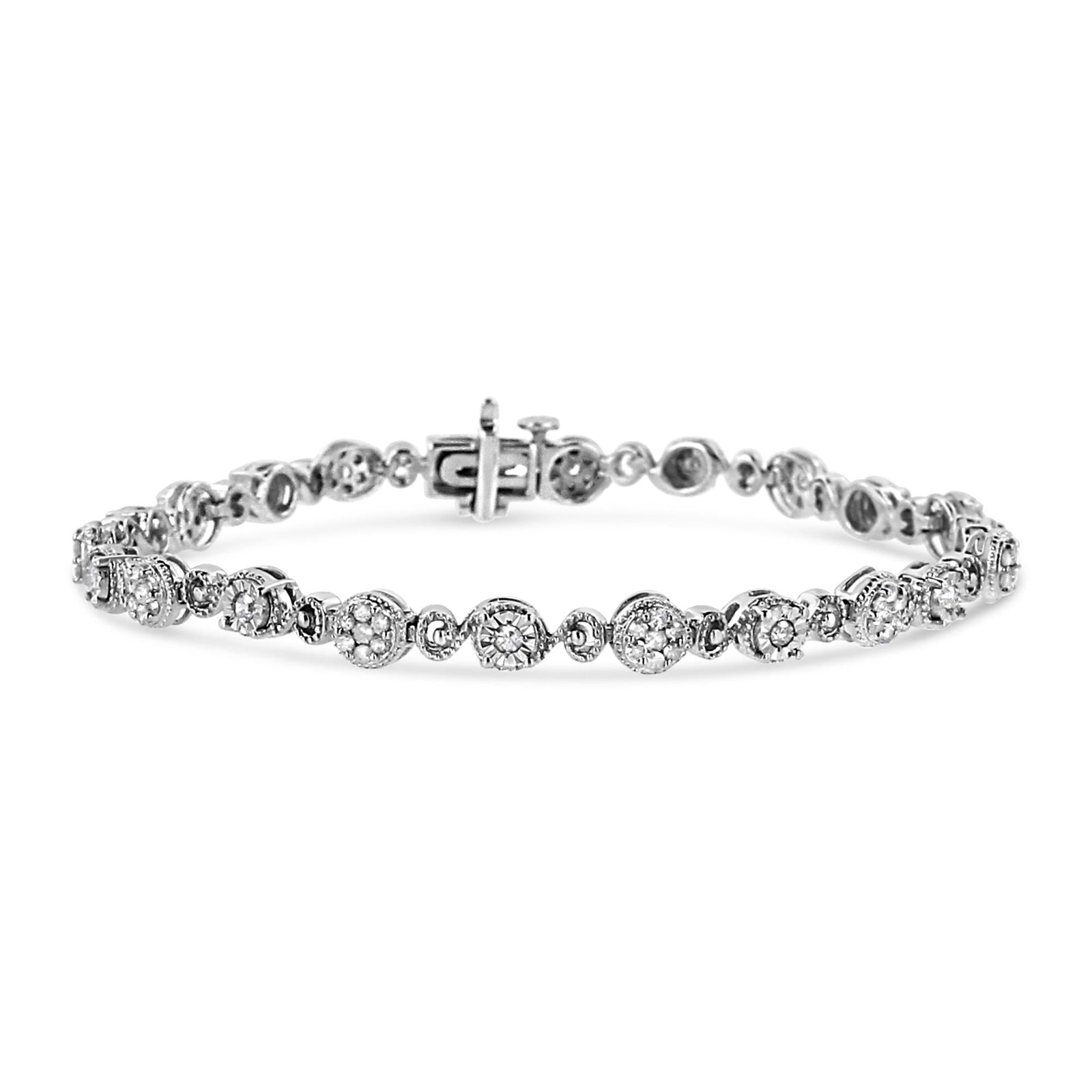 .925 Sterling Silver 1.0 Cttw Diamond Swirl Beaded Link Bracelet (I-J Color, I3-Promo Clarity) - 7.25" Inches-0