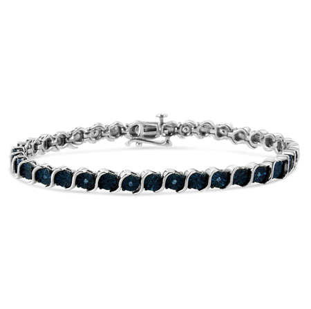 .925 Sterling Silver 1/10 Cttw Miracle-Set Treated Blue Color Diamond Miracle Plate "S" Link Tennis Bracelet (Blue Color, I2- I3 Clarity) - 7.25"-0