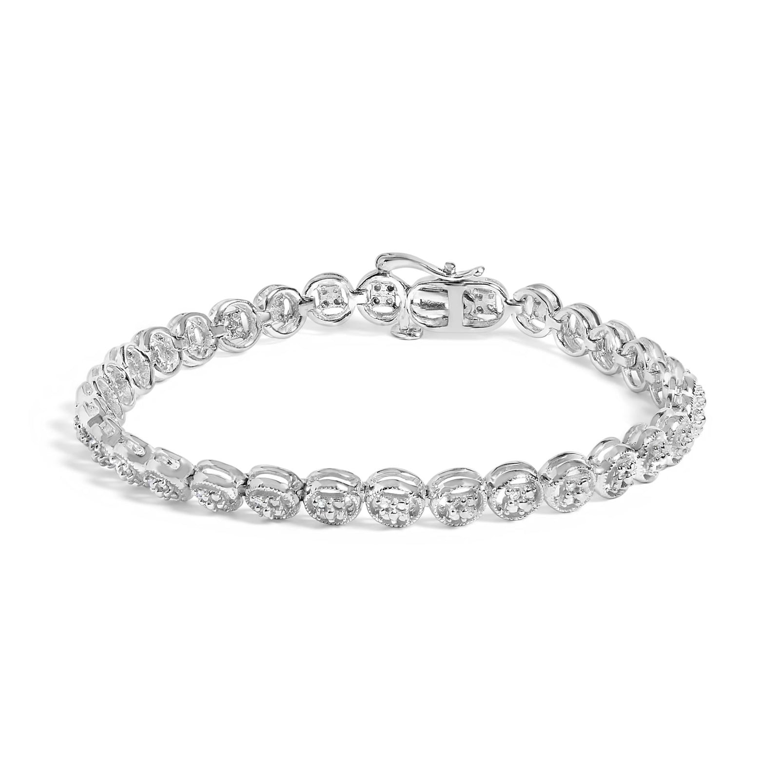 .925 Sterling Silver 1/10 Cttw Diamond Open Circle Beaded Wheel Link Tennis Bracelet (I-J Color, I3 Clarity) - 7.25"-1