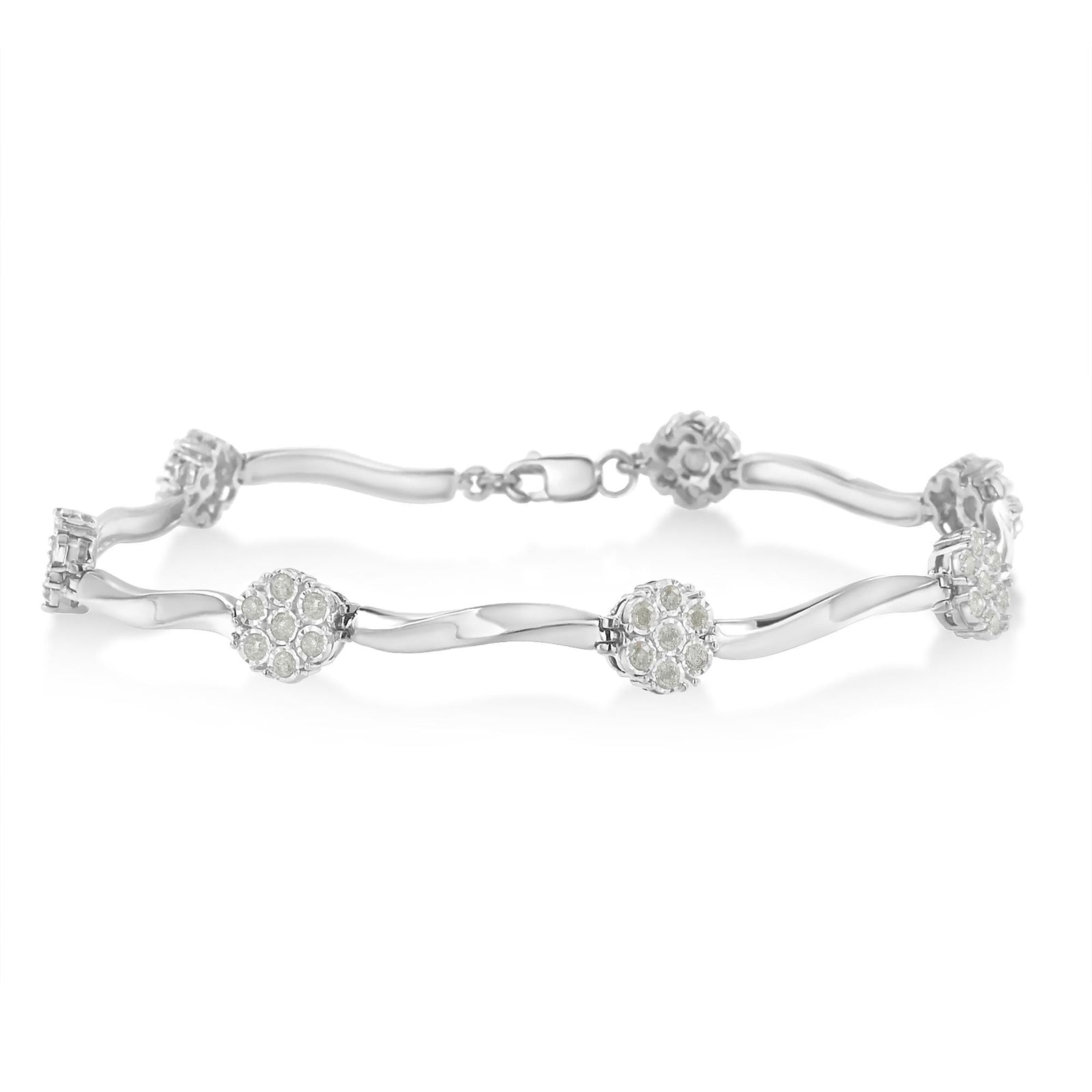 .925 Sterling Silver 1.0 Cttw Diamond Cluster Miracle-Set Station & Twisted Bar 7" Tennis Bracelet (H-I Color, I1-I2 Clarity)-0