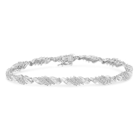 .925 Sterling Silver 1-1/2 Cttw Round and Baguette Cut Diamond Wave Link Bracelet (I-J Color, I2-I3 Clarity) - 7"-0