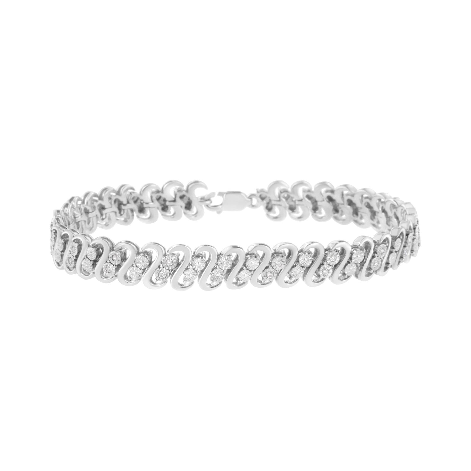 .925 Sterling Silver 1/4 cttw Round-Cut Diamond Double Row Wrapped S-Link Bracelet (I-J Color, I2-I3 Clarity) - Size 7.25"-0