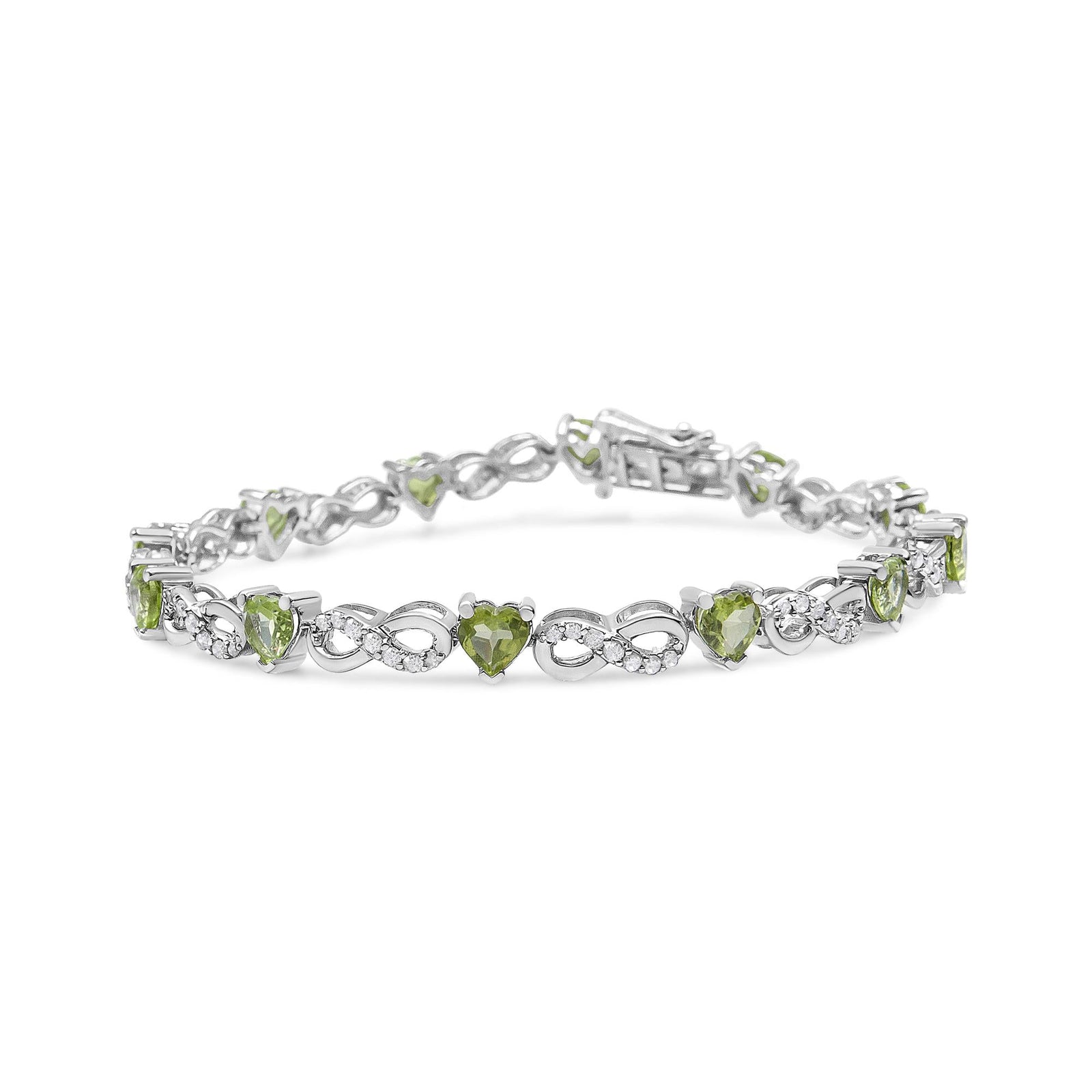 .925 Sterling Silver 1.00 Cttw Diamond and 4.00mm Lab Created Green Heart-Shaped Peridot Infinity Link Bracelet (I-J Color, I2-I3 Clarity) - 7.25"-0