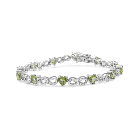 .925 Sterling Silver 1.00 Cttw Diamond and 4.00mm Lab Created Green Heart-Shaped Peridot Infinity Link Bracelet (I-J Color, I2-I3 Clarity) - 7.25"-1