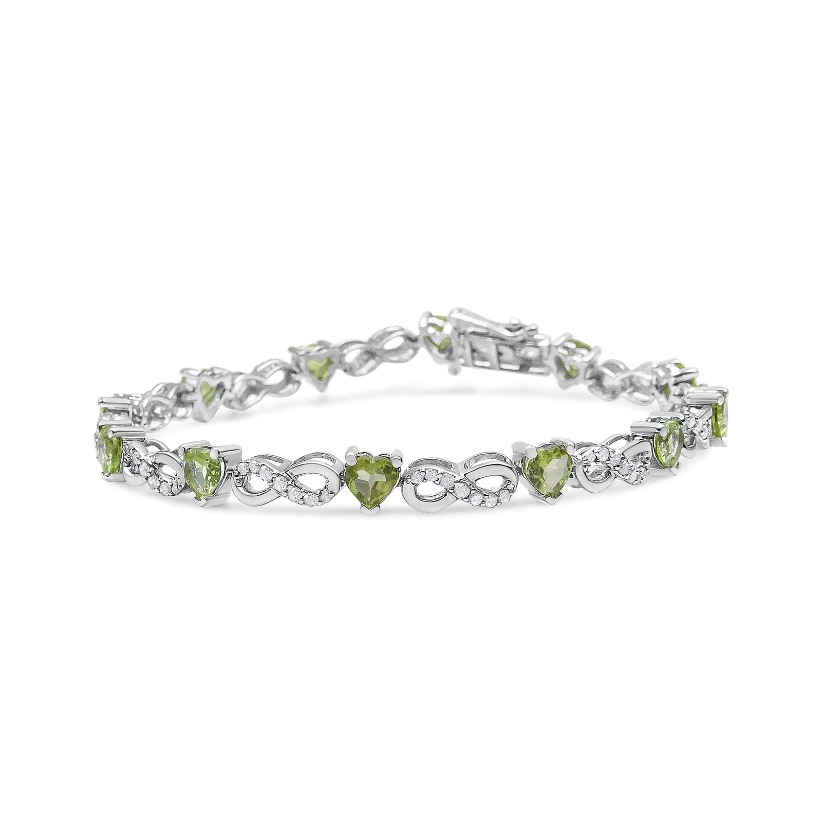.925 Sterling Silver 1.00 Cttw Diamond and 4.00mm Lab Created Green Heart-Shaped Peridot Infinity Link Bracelet (I-J Color, I2-I3 Clarity) - 7.25"-1