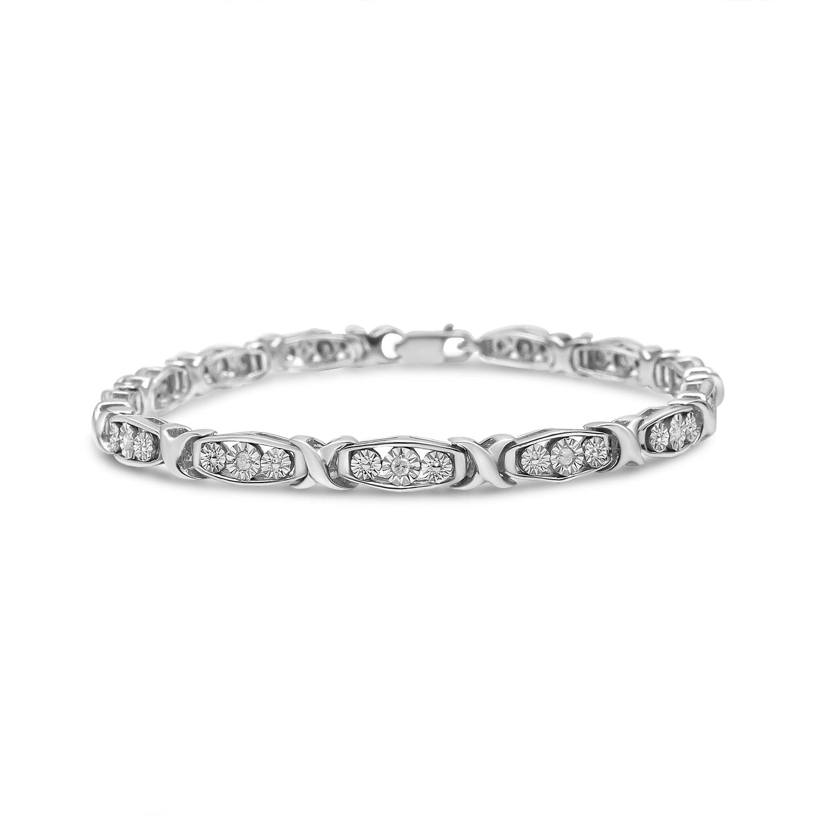 .925 Sterling Silver 1/10 Cttw Diamond Miracle Set 3 Stone Link Bracelet (I-J Color, I2-I3 Quality) - 7.25" Inches-0