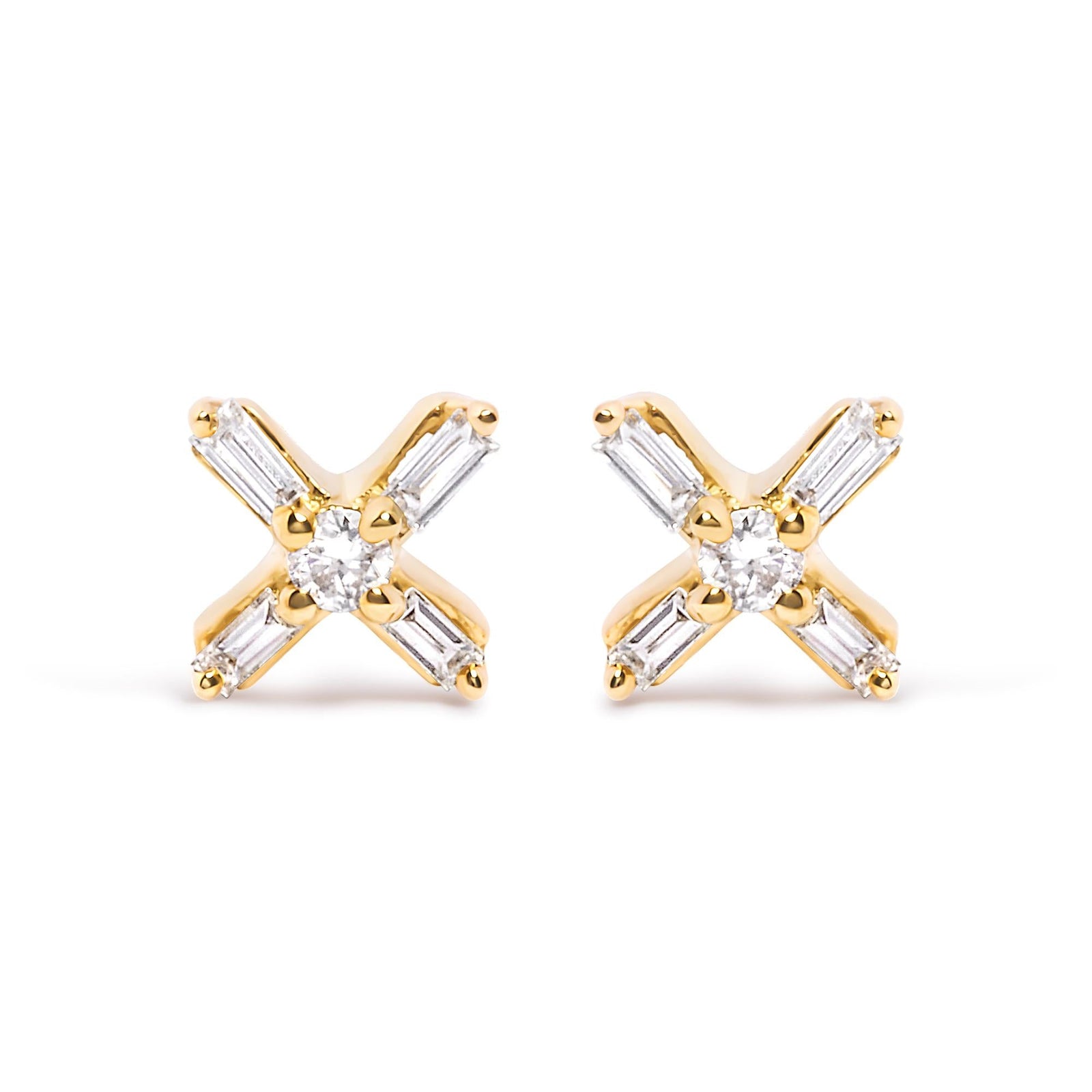 10K Yellow Gold 1/10 Cttw Round and Baguette Diamond Criss Cross X Stud Earring (H-I Color, I1-I2 Clarity)-0