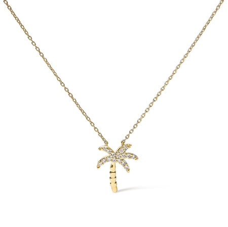 10K Yellow Gold 1/10 Cttw Round Diamond Palm Tree 18" Inch Pendant Necklace (H-I Color, I1-I2 Clarity)-0