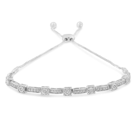 .925 Sterling Silver 1/4 Cttw Diamond 4”-10” Adjustable Bolo Alternating Square and Rectangle Bolo Bracelet (I-J Color, I3 Clarity)-0