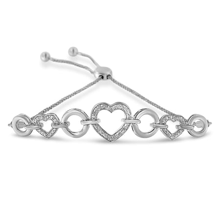.925 Sterling Silver Diamond Accent Interlinking Triple Heart 4”-10” Adjustable Bolo Tennis Bracelet Bolo Bracelet (H-I Color, I2-I3 Clarity)-0