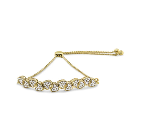Yellow Gold Plated .925 Sterling Silver 1/2 Cttw Diamond Sideways Hearts Bolo Bracelet (H-I Color, I1-I2 Clarity) - 4”-10” Adjustable-0