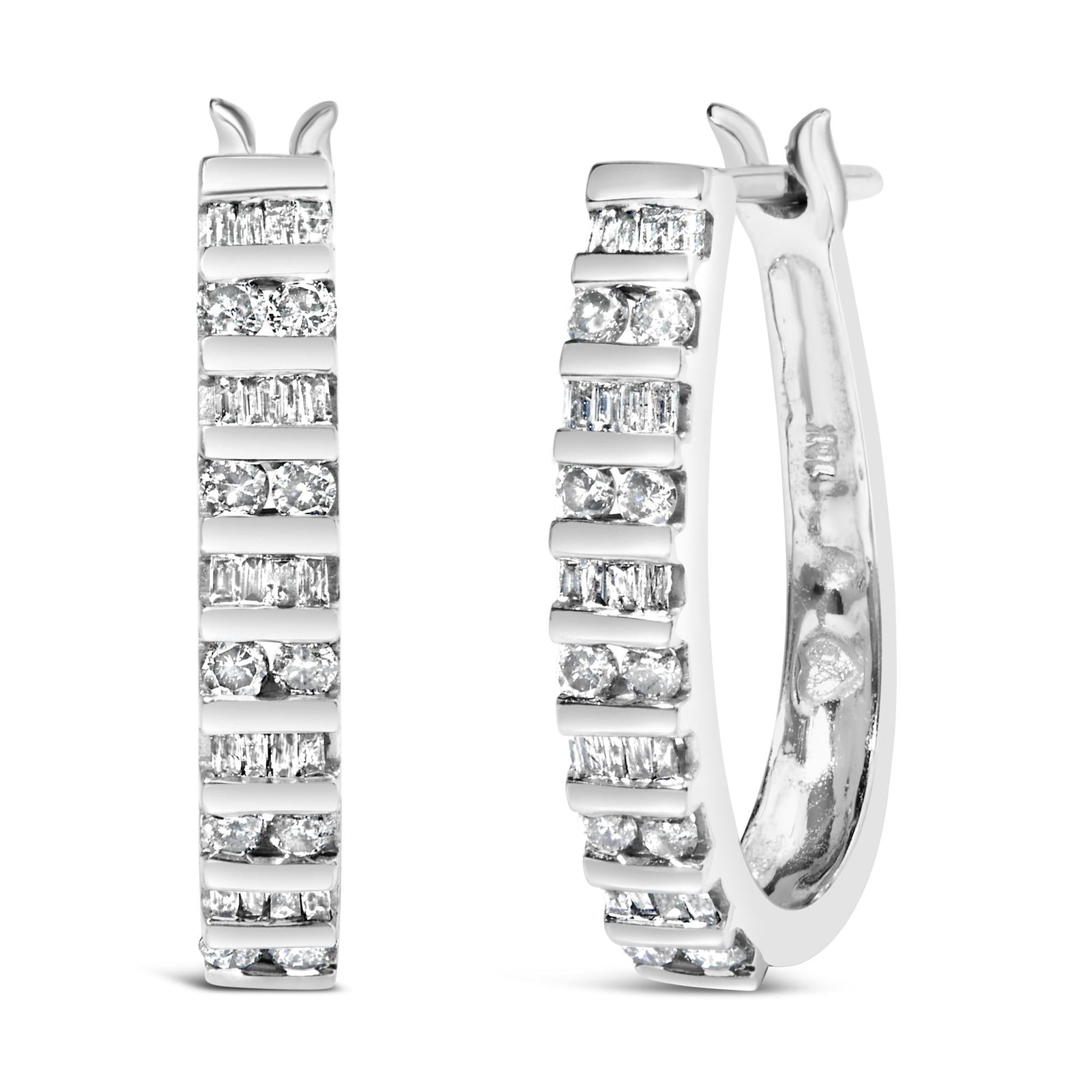 10K White Gold 1.0 Cttw Alternating  Diamond "U" Hoop Earrings (I-J Color, I2-I3 Clarity)-0