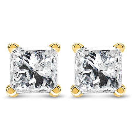 IGI Certified 14k Yellow Gold 1/2 cttw 4-Prong Set Princess-Cut Solitaire Diamond Push Back Stud Earrings (N-O Color, I1-I2 Clarity)-0