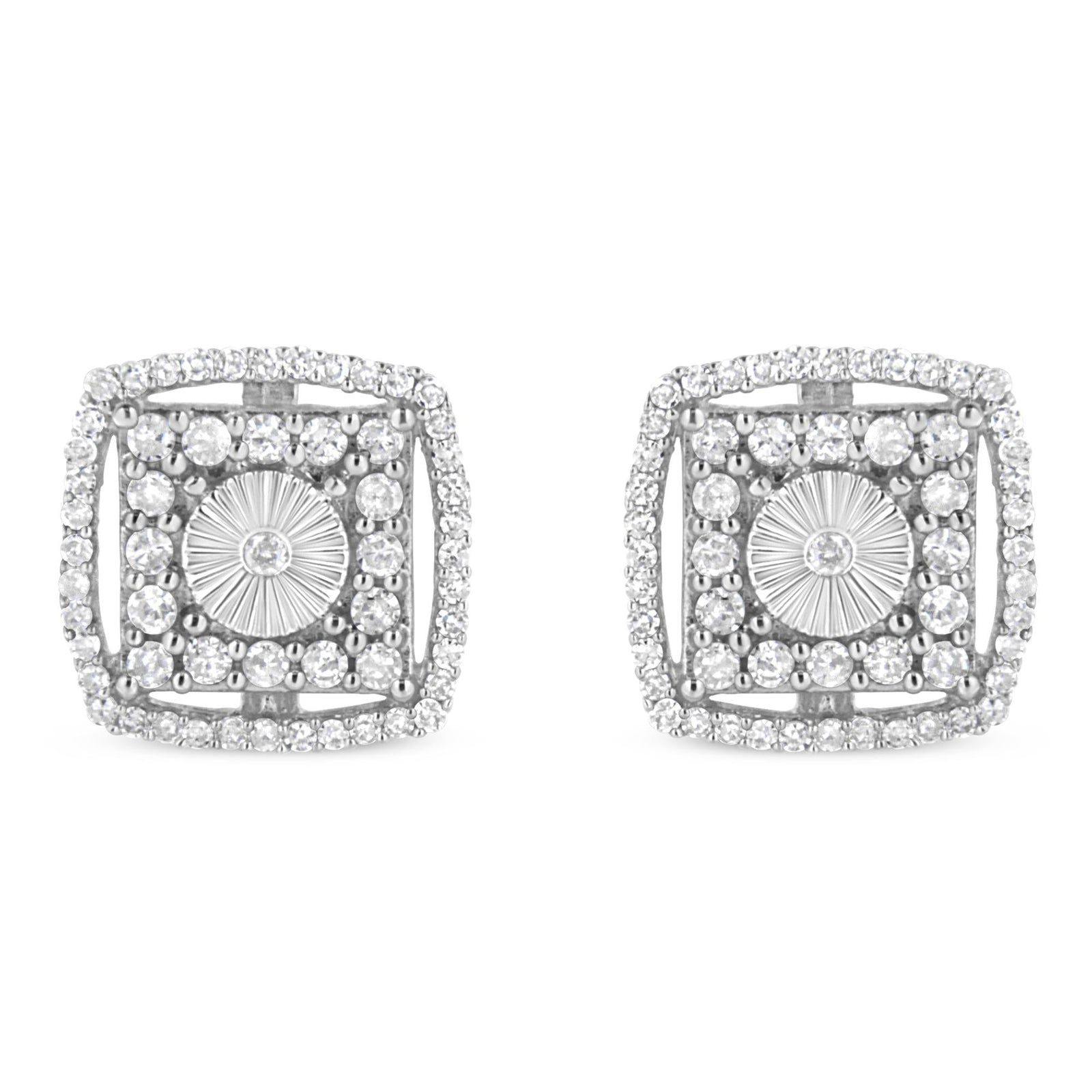 .925 Sterling Silver 1.0 Cttw Round Diamond Double Halo and Disc Stud Earring (I-J Color, I2-I3 Clarity)-0