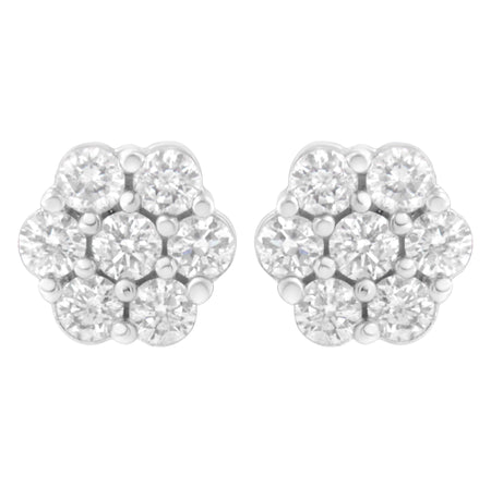 14K White Gold 7 Stone Floral Cluster Round Brilliant Cut Diamond Stud Earrings with Screw Backs(I-J, SI2-I1)-0