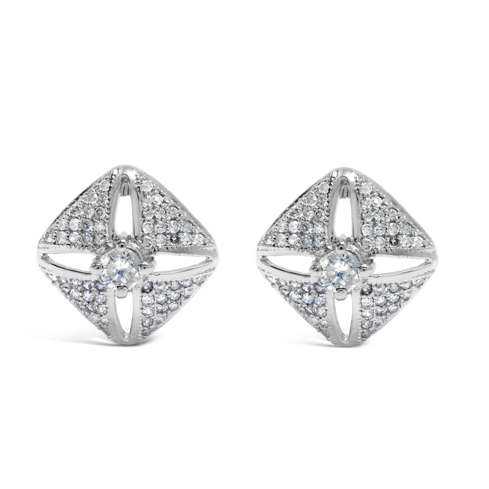 .925 Sterling Silver 1.0 Cttw Diamond Studded Rhombus Stud Earring (H-I Color, I2-I3 Clarity)-0
