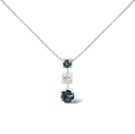 14K White Gold 1 1/2 Cttw Treated Blue and White Diamond 3-Stone 18" Pendant Necklace (Blue/H-I Color, I1-I2 Clarity)-0