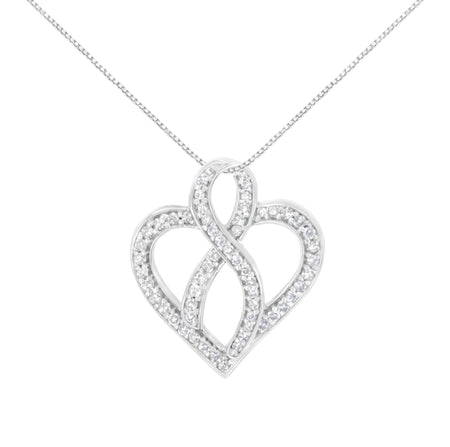 14K White Gold 1/4 cttw Round Cut Diamond Heart and Ribbon Center Pendant Necklace (H-I, I1-I2)-0