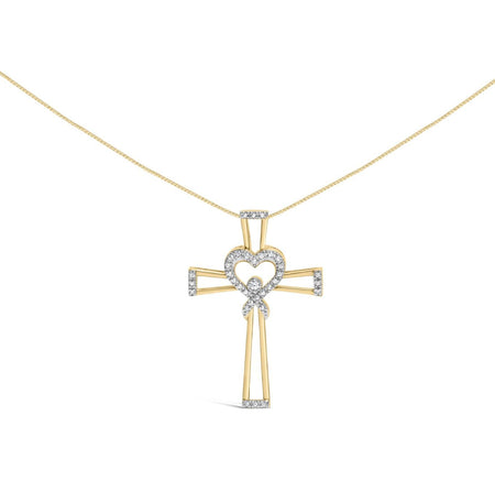 14K Yellow Gold Plated .925 Sterling Silver 1/6 Cttw Diamond Interlocking Heart and Ribbon Cross Pendant Necklace (H-I Color, I2-I3 Clarity) - 18" Inches-0